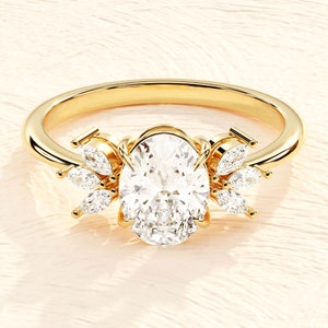 14k Solid Gold Vintage Butterfly Moissanite Engagement Ring / 1.50 CT Art Deco Moissanite Ring for Women / Marquise Cluster Engagement Ring