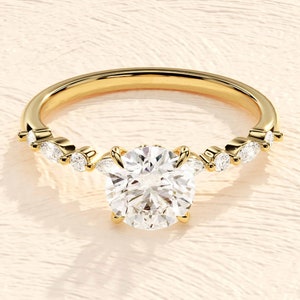 Anillo de compromiso de moissanita marquesa en oro macizo de 14 k / Anillo de compromiso vintage art déco de 1,0 quilates para mujer / Anillo de moissanita redondo y delicado