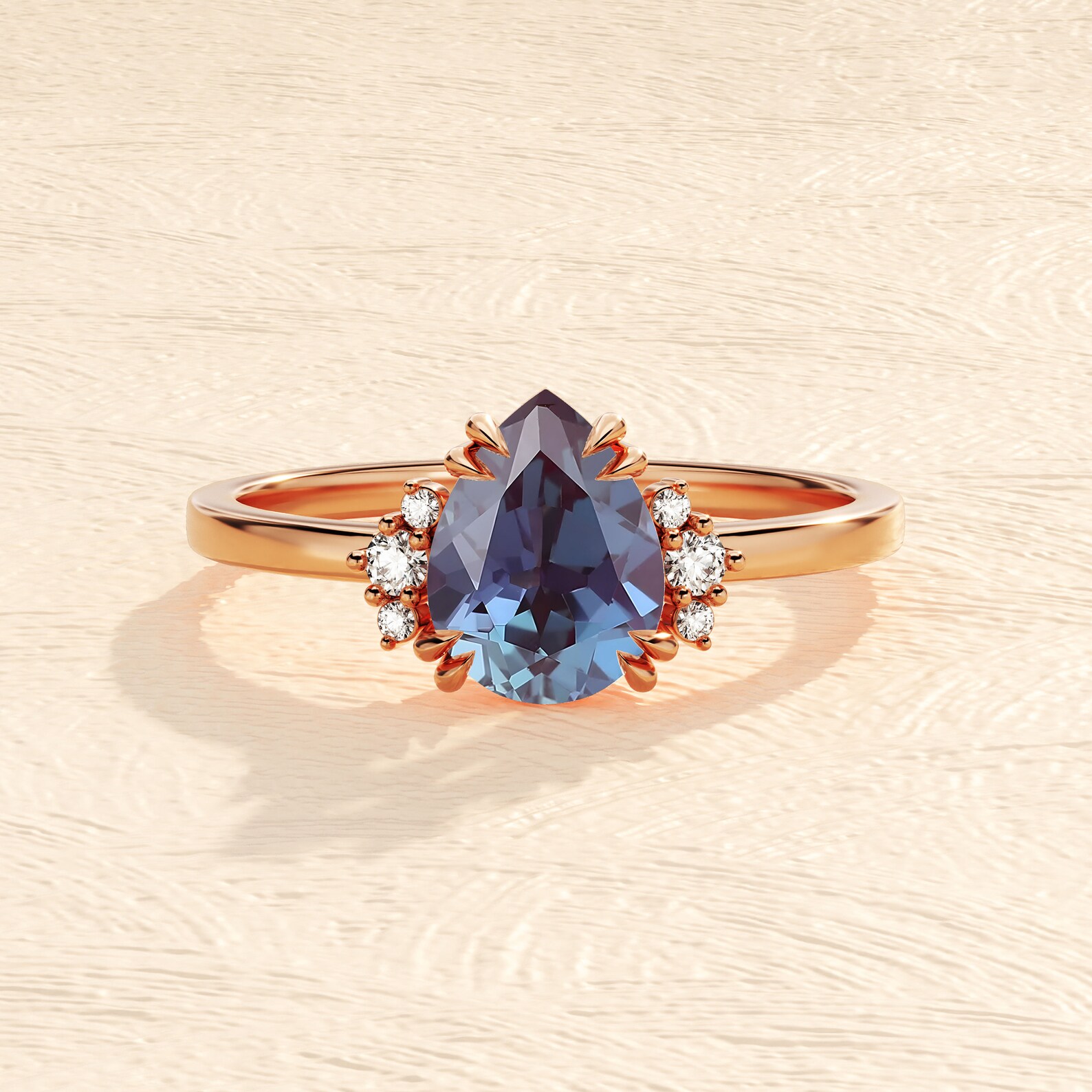 Pear Cut Lab Alexandrite Engagement Ring / 14k Gold Ring With Round ...