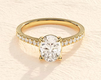 14k Solid Gold Pave Set Side-Stone Oval Moissanite Engagement Ring / Moissanite Ring for Women / Unique Bridal Set Ring / Promise Ring