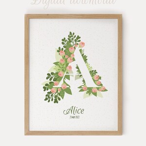 Letras de flores personalizadas para bebé, póster de nacimiento con nombre, póster personalizado para bebé, decoración de pared de guardería bohemia para habitación de niños, baby shower para niña recién nacida
