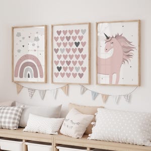 3 Printable Posters Unicorn Rainbow Hearts Pink Print Wall art Kids room magic pony Nursery decor Pegasus gif for Girl Instant Download