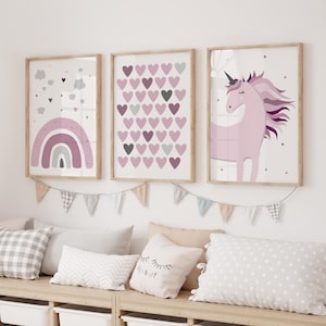 3 paarse posters eenhoorn regenboog hart illustratie foto cadeau meisje kamer kunst aan de muur kinderkamer decor babyshower kinderkamer inrichting dierenprint