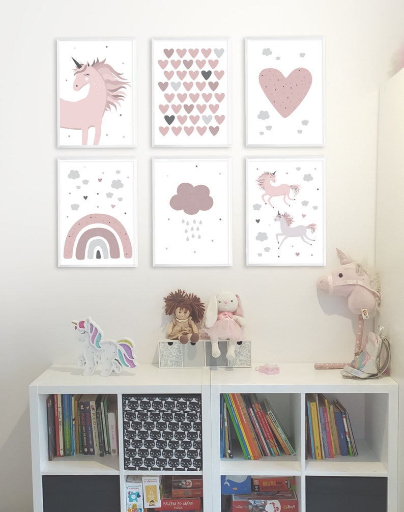 6 Pink Posters Unicorn Rainbow Hearts Illustration Pic Room Wall Art Child Room Decor Baby