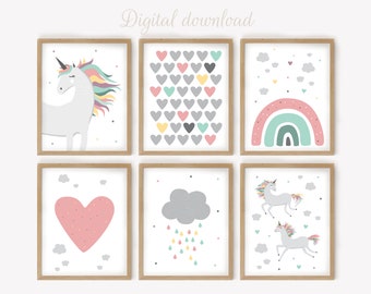 Unicorn Wall Art Set for Girls Room, Magical Kids Poster Bundle, Fantasy Nursery Decor Printable Download