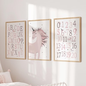 3 Einhorn ABC Zahlen 0-20 druckbare Poster, rosa Kinderzimmerdekor, Lernalphabetdrucke für Kinderzimmer, Lernkarten für die Schule