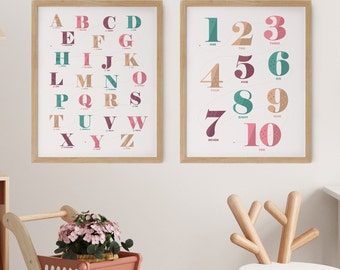 Retro Alphabet Poster ABC Print Kids Room Numbers Retro wall Art Baby room Printable Educational Prints Girl Room Decor Nursery School Print