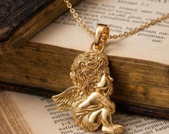Colgante de ángel guardián de oro macizo de 10 k/14 k, amuleto de querubín, regalo religioso