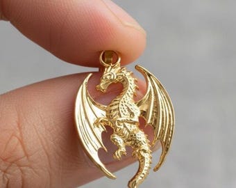 Solid 10K-14K Gold Dragon Pendant  Fantasy Mythical  Jewelry Unisex Gift