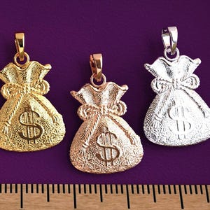 Solid Gold Money Bag Pendant | 10K 14K Gold Dollar Sign Charm | Real Gold Good Luck Wealth Amulet | Hip Hop Gold Pendant for Men & Women