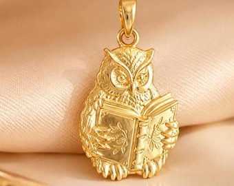 Small Owl Book Charm in Solid Gold, Scholarly Bird Pendant