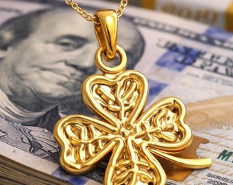 Colgante de trébol de cuatro hojas de oro macizo, dije de trébol de oro amarillo, rosa y blanco de 10K y 14K