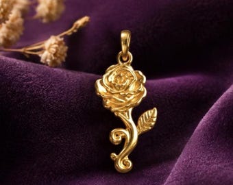 Solid Gold Rose Pendant, 10K 14K Floral Rose Charm, Romantic Flower Jewelry