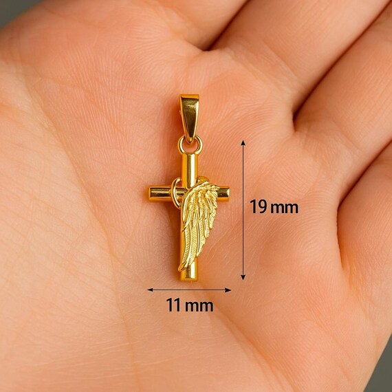 Solid 10K 14K Gold Cross Pendant With Angel Wing Men's Religious