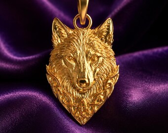 Solid Gold Wolf Head Pendant: 10K/14K Yellow, Rose, White Gold Charm
