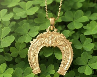 Ornate Gold Horseshoe Pendant, 10K 14K Solid Yellow White Rose Gold Charm