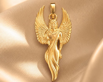 Solid Gold Angel Pendant, Guardian Angel Charm, 10K 14K Religious Jewelry
