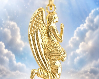 Colgante de ángel orando de oro macizo, amuleto de ángel guardián, joyería religiosa cristiana