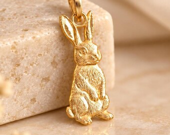 Solid Gold Bunny Rabbit Pendant Necklace, 10K 14K Yellow White Rose Gold Animal Jewelry