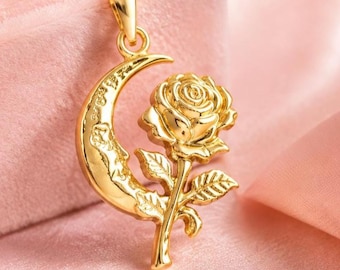 Solid Gold Moon Rose Pendant: 10K/14K Yellow, White, Rose (21*16mm)