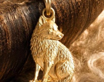 Solid Gold Sitting Wolf Pendant: 10K/14K Yellow, Rose, White Gold Charm