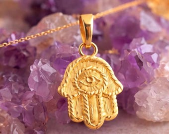 Solid Gold Hamsa Pendant: Eye of Protection Amulet, 10K/14K Gold