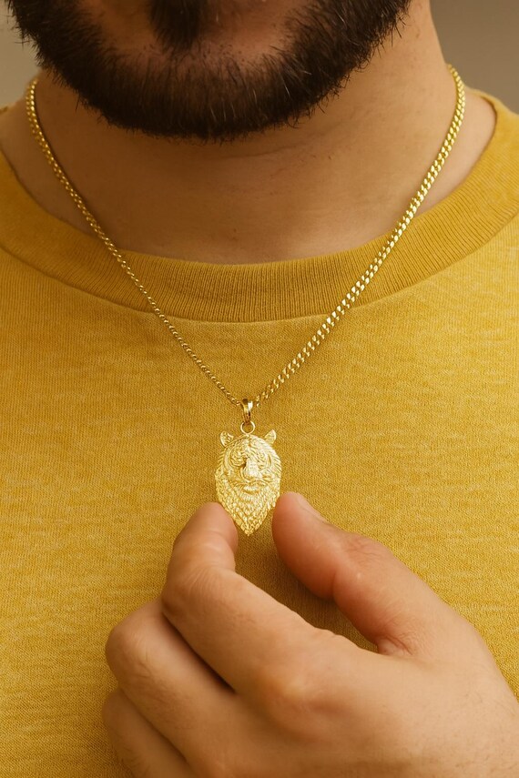 Solid Gold Tiger Head Pendant for Men – 10K 14K Real Gold Jungle