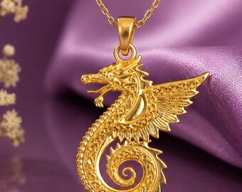 Winged Dragon Charm Necklace, 10K 14K Gold Fantasy Mythical Jewelry Gift
