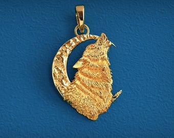 May include: A gold-colored pendant featuring a howling wolf silhouette set against a crescent moon. The pendant has intricate detailing, with the wolf's fur and the moon's surface textured. The pendant is suspended from a small loop at the top.