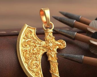 Solid Gold Viking Axe Pendant, Norse Warrior Necklace, Medieval Battle Charm