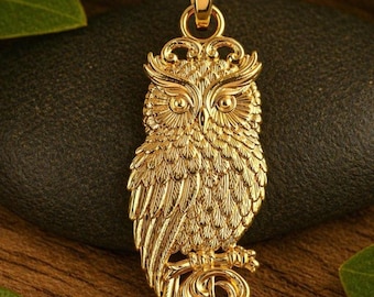 14k Solid Gold Owl Pendant: Detailed Bird Charm, Animal Totem
