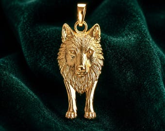 Solid Gold Wolf Pendant: 10K/14K Yellow, White, Rose Options (21mm x 11mm)