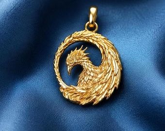 Solid Gold Phoenix Pendant, Mythical Bird Charm, 10K 14K Fantasy Jewelry (19mm*16mm)