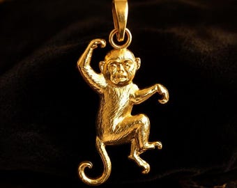 Solid 10K 14K Gold Monkey Pendant, Playful Primate Charm, Yellow White Rose