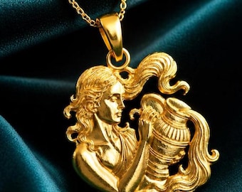 Aquarius Gold Pendant 10K 14K Yellow, White, Rose) Zodiac Durable Hypoallergenic Shine (19mm x 16mm)