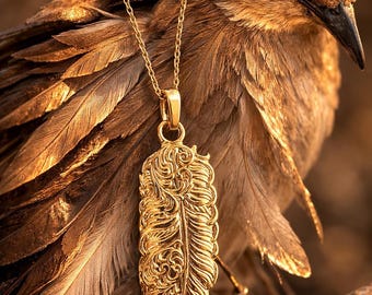 Solid Gold Feather Pendant, 10K 14K Yellow White Rose Gold, Nature Jewelry