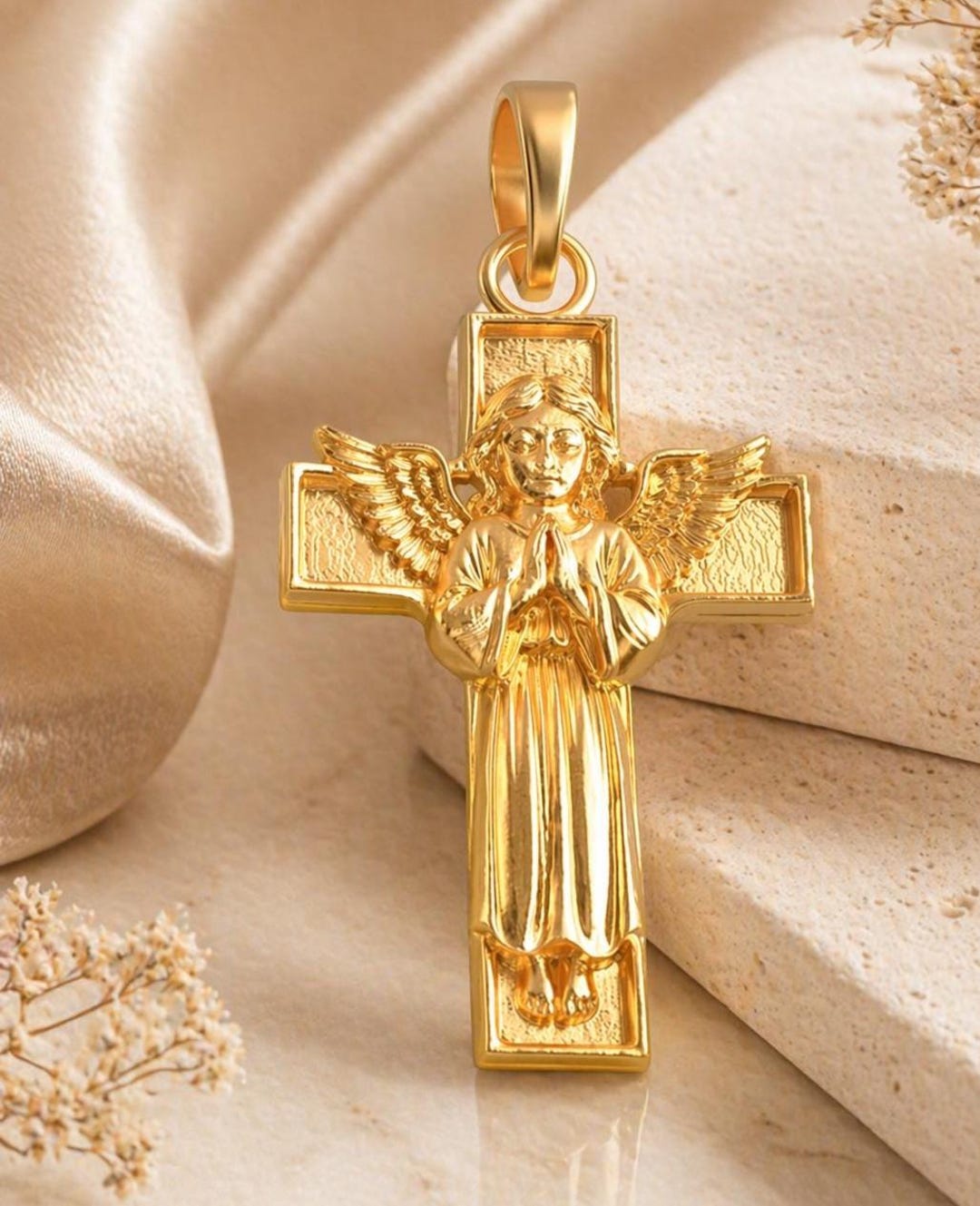 Solid Gold Angel Cross Pendant: 10K 14K Religious Charm - Etsy