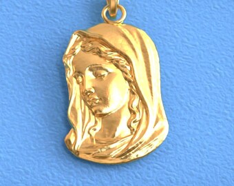 Solid Gold Virgin Mary Pendant, 10K 14K Madonna Profile Charm, Religious Jewelry Gift