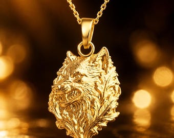 Solid Gold Wolf Pendant: Detailed Textured Fur, Symbol of Strength (10K/14K)