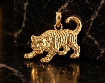 10K 14K Solid Gold Tiger Skeleton Pendant, Anatomical Big Cat Bone Charm