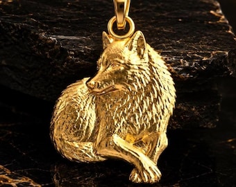 Solid Gold Sitting Wolf Pendant – 10K/14K Yellow, Rose, White Gold Charm
