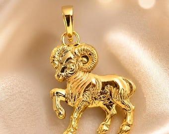 Pingente de Áries em ouro maciço 14K: colar detalhado com pingente de carneiro