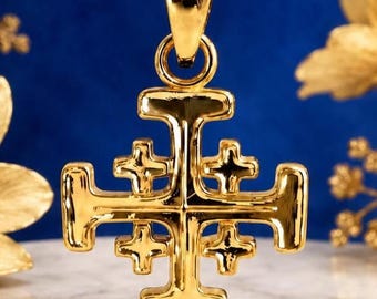 Colgante de cruz de Jerusalén de oro macizo: collar religioso cristiano