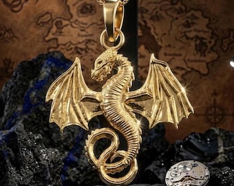 Pingente de Dragão em Ouro Maciço, Colar com Pingente de Dragão em Ouro 10K ou 14K, Joia com Dragão Alado, Presente em Ouro Branco, Rosa e Amarelo