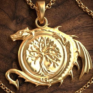 Colgante de árbol de la vida de dragón de oro macizo / Collar mítico de oro de 10 quilates y 14 quilates