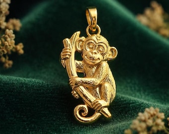 Solid Gold Monkey Pendant, 10K 14K Monkey on Branch Charm, Animal Jewelry