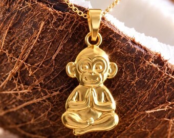 Solid Gold Monkey Pendant, 10K 14K Yellow White Rose Gold Charm (19mm x12mm)