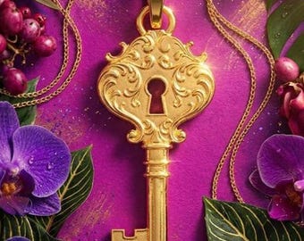 Vintage Ornate Key Pendant Necklace | Solid Gold Filigree Charm Jewelry