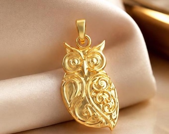 Solid Gold Owl Pendant: 10K/14K Yellow, White, Rose (19x12mm)