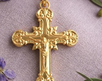 Solid Gold Jesus Cross Pendant: Religious Crucifix Necklace (24mm)